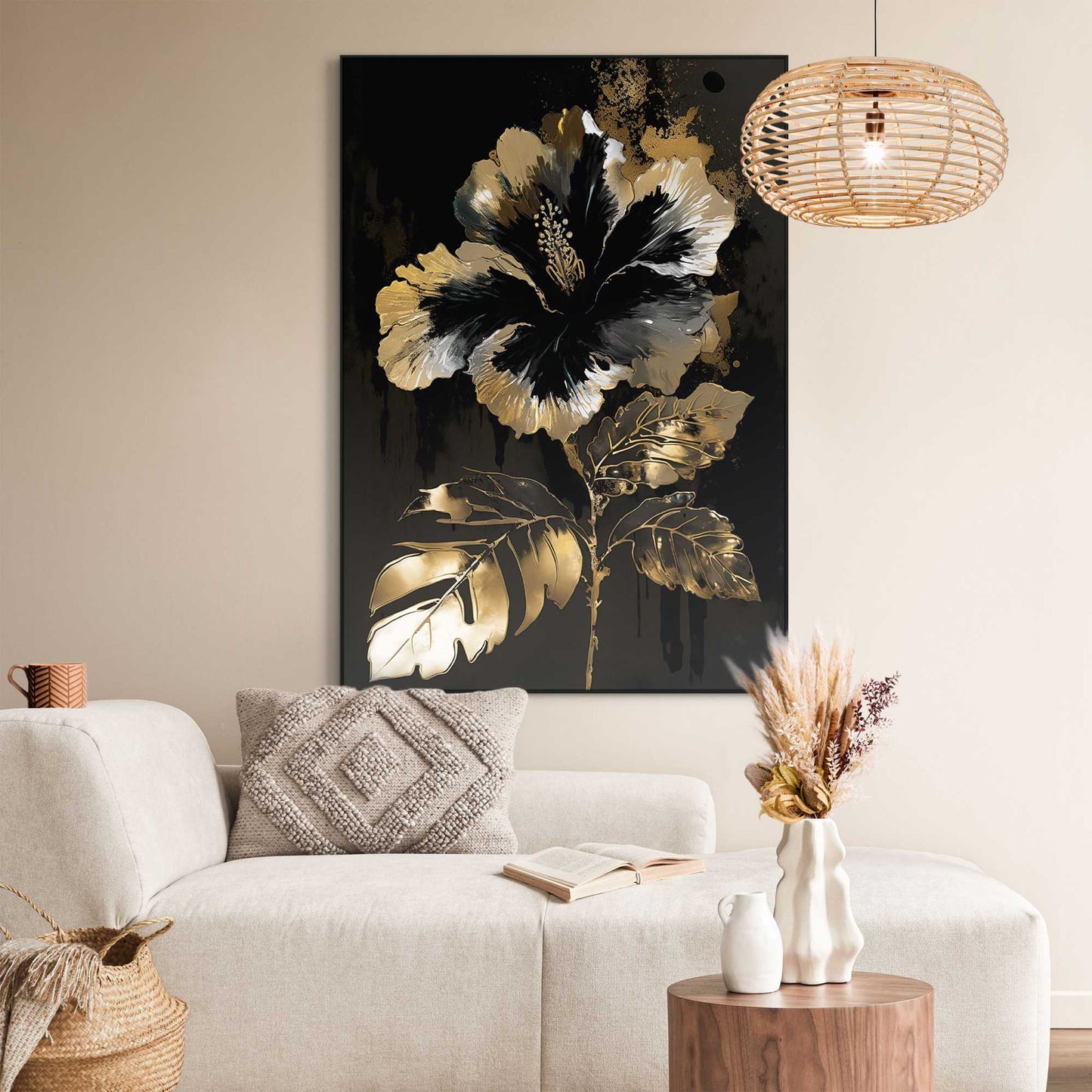 Canvas walldecoration Gold Black Flower 100x70