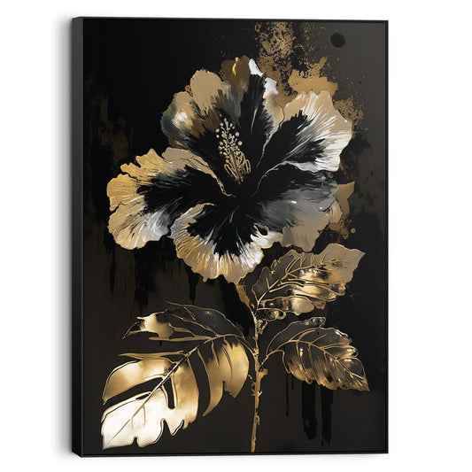 Canvas walldecoration Gold Black Flower 100x70