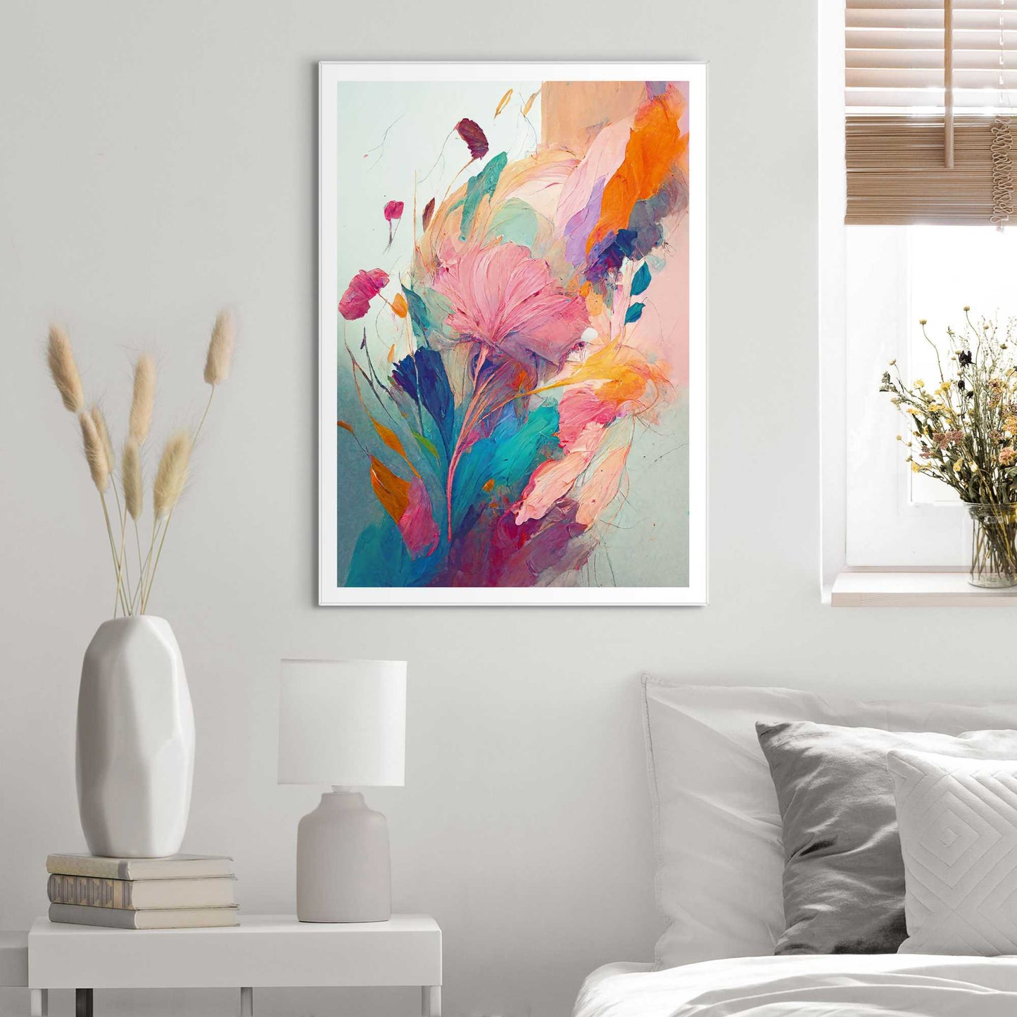 Framed in White Colourful Painted Flowers I 70x50