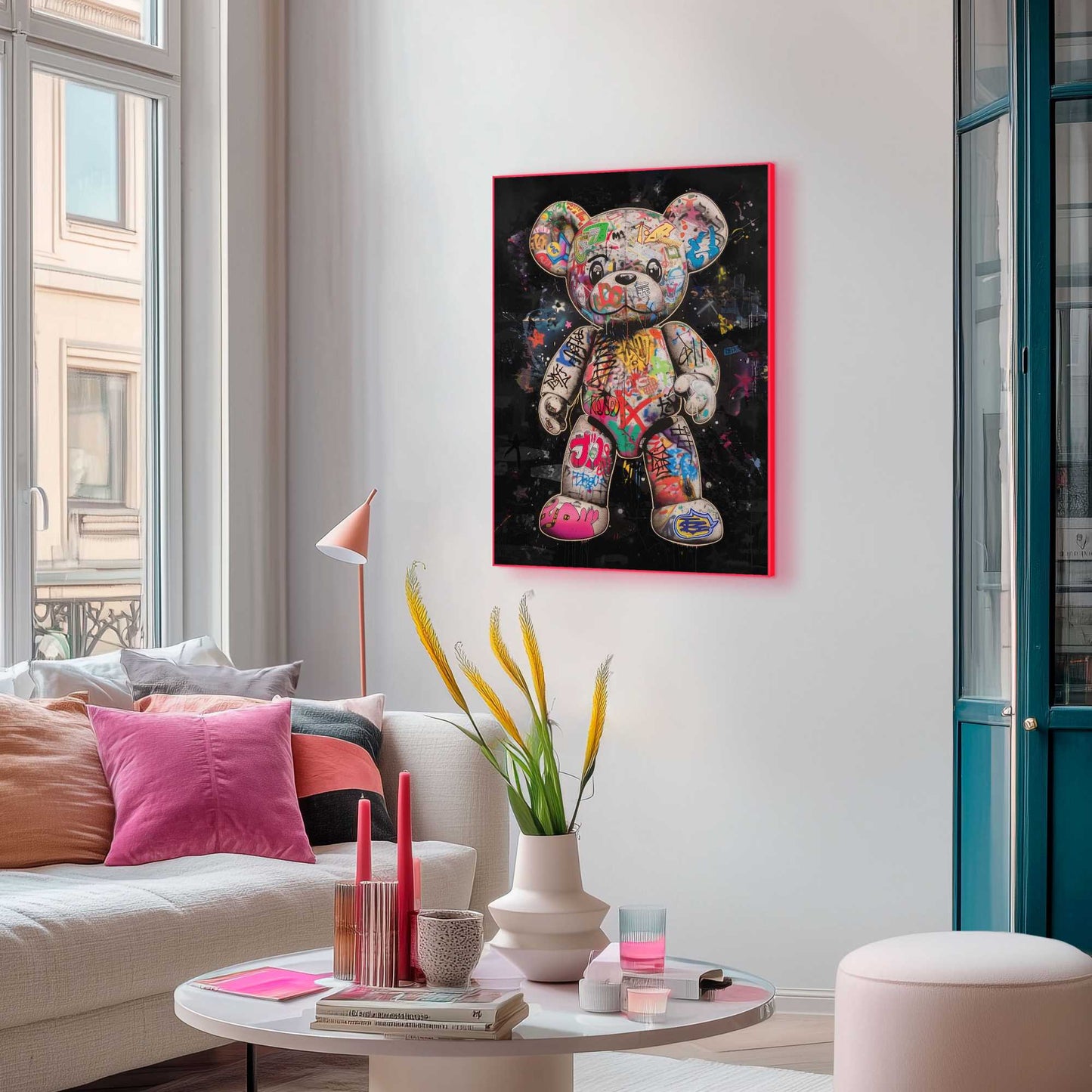 Framed Poster Graffiti Bear in Neon 70x50