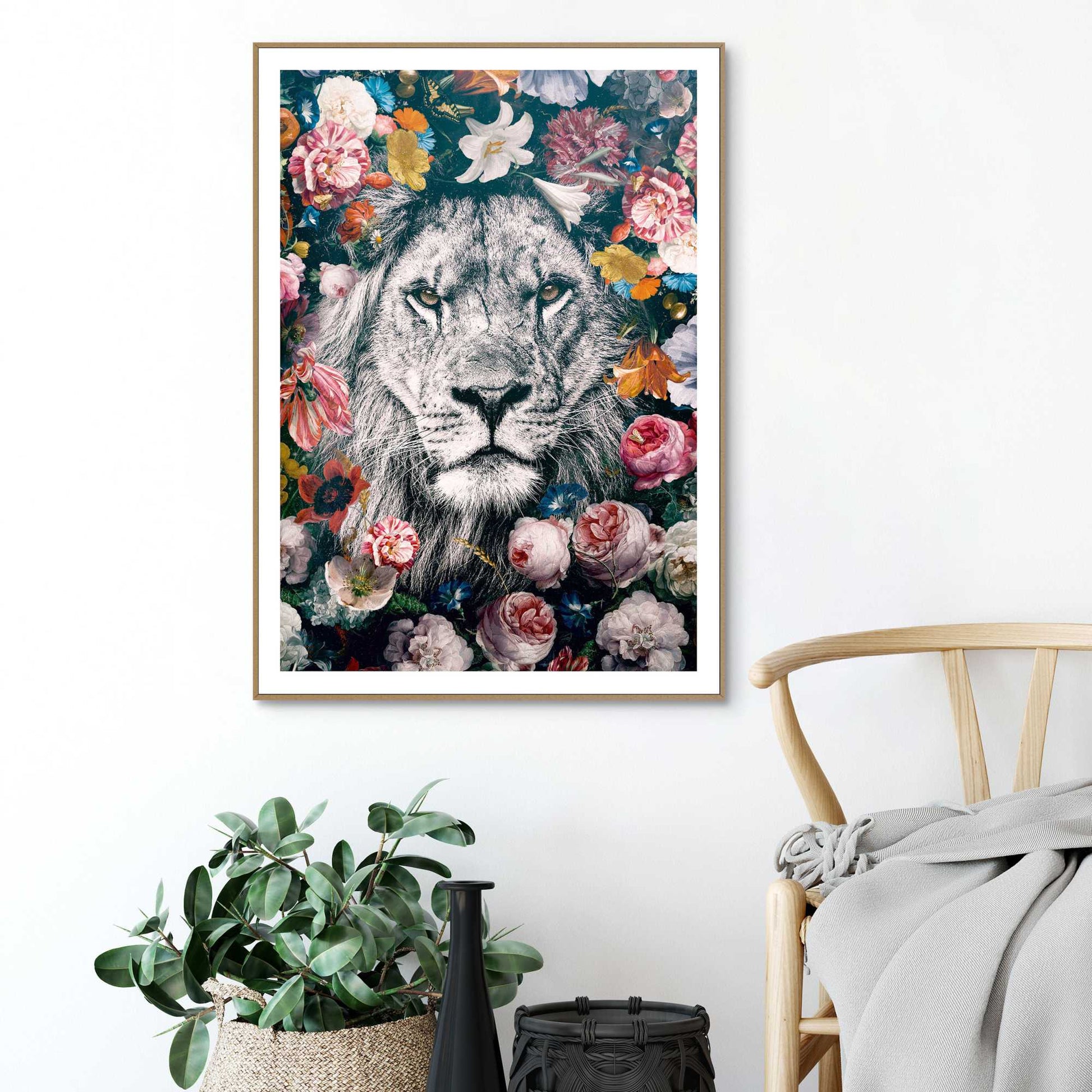 Framed in Wood Flowery Lion